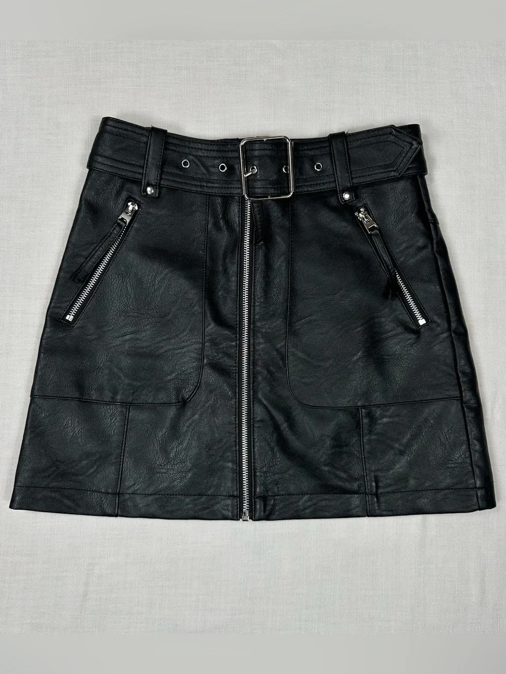 NWT Topshop Faux Leather Mini Skirt Size 4P Petite Belted Front Zipper Chic Edgy